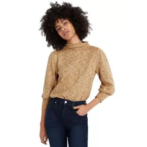 Madewell Gathered Sleeve Mock Neck Knit 3/4 Sleeves Pullover Heather Tan Top Med - Picture 1 of 10
